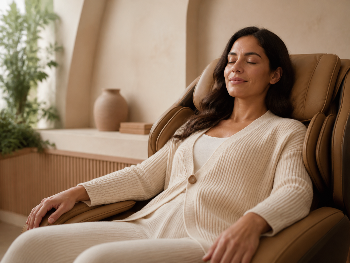 Mujer descansando en un sillón de masajes